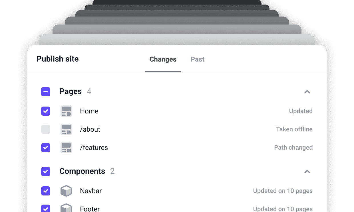 Publish site dialog stacked on top of previous versions